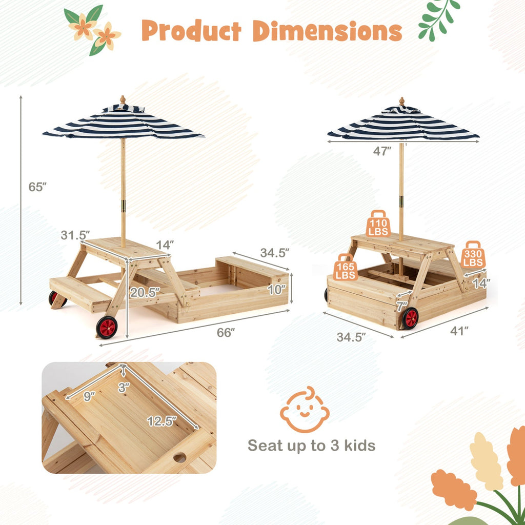 2-in-1 Wooden Sandbox with Foldable Umbrella and Convertible Picnic Table