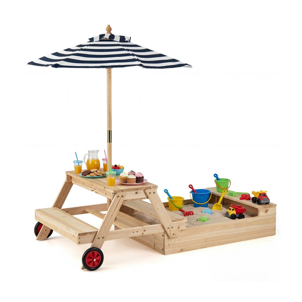 2-in-1 Wooden Sandbox with Foldable Umbrella and Convertible Picnic Table
