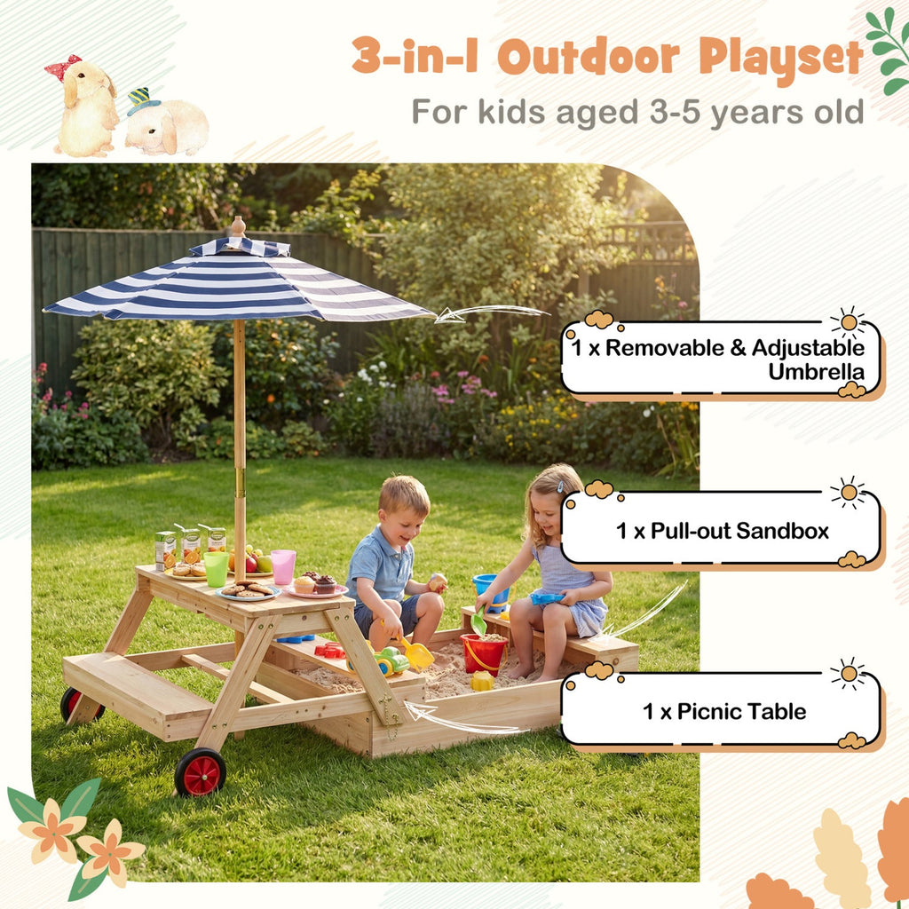 2-in-1 Wooden Sandbox with Foldable Umbrella and Convertible Picnic Table