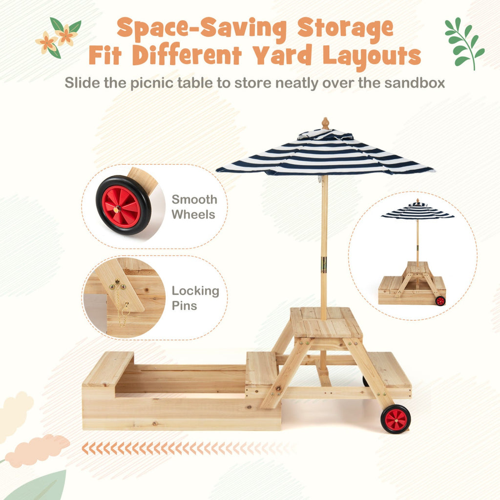 2-in-1 Wooden Sandbox with Foldable Umbrella and Convertible Picnic Table