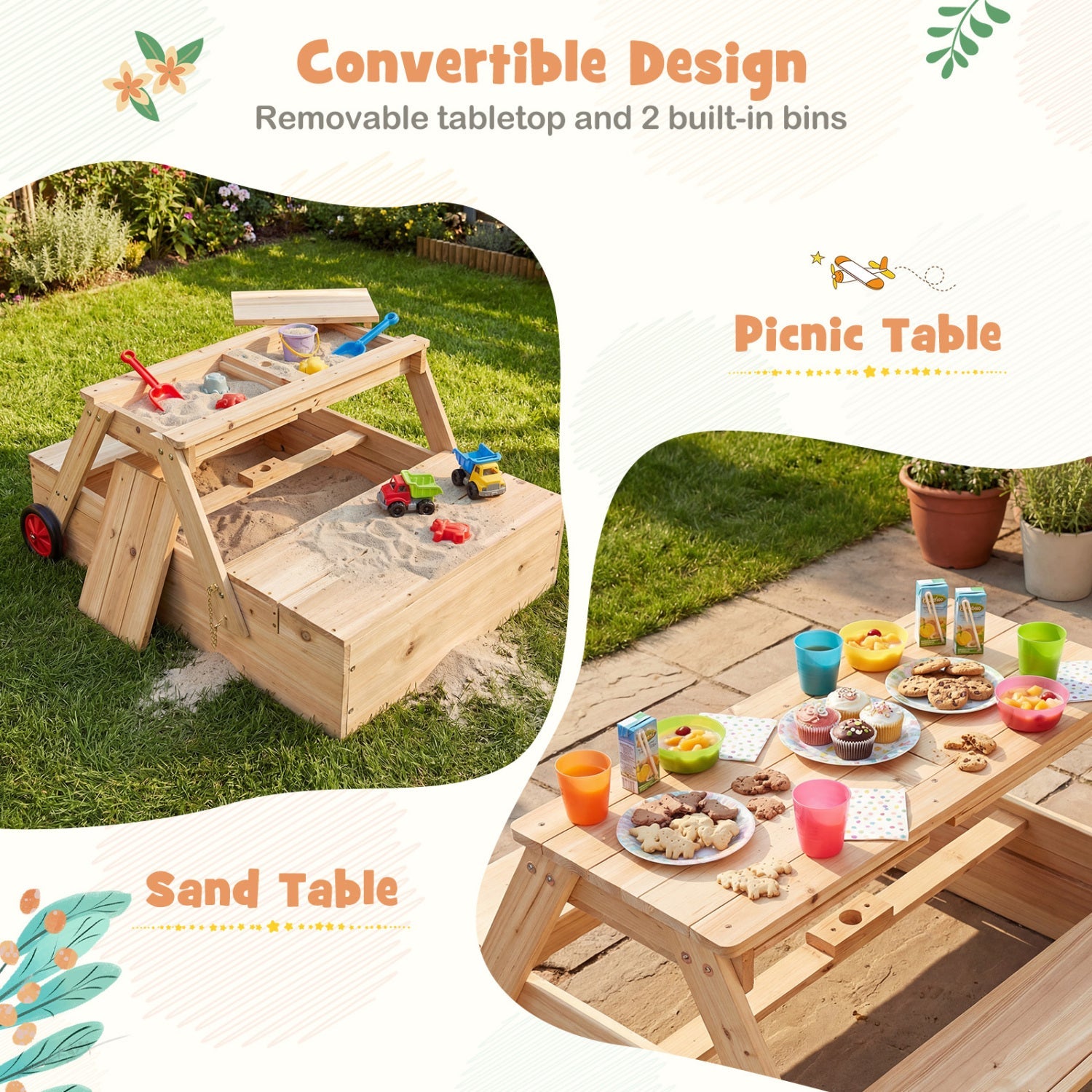 2-in-1 Wooden Sandbox with Foldable Umbrella and Convertible Picnic Table