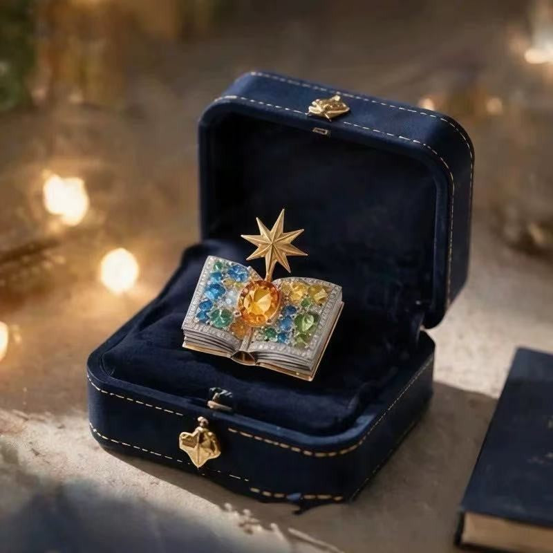Fashionable Fully Diamond-encrusted Eight-pointed Star Fairy Book Brooch