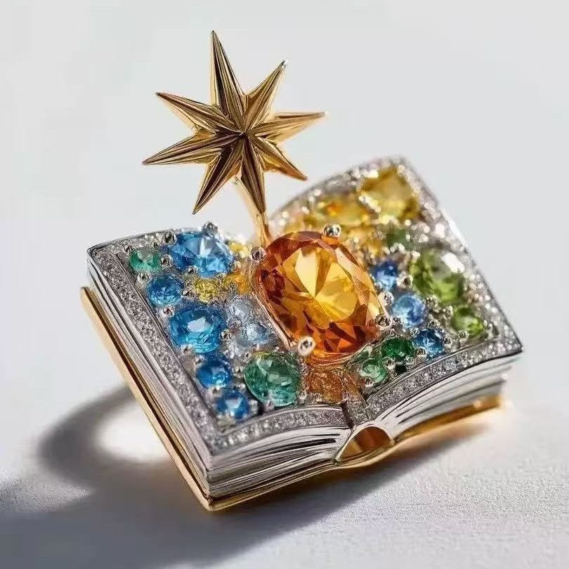 Fashionable Fully Diamond-encrusted Eight-pointed Star Fairy Book Brooch