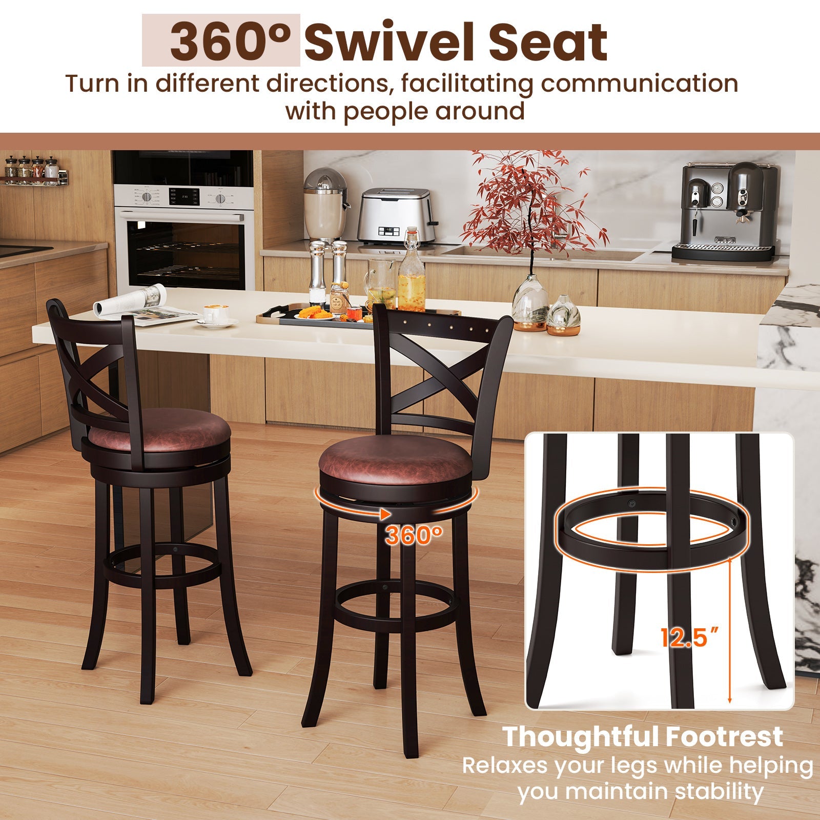 26/30 Inch Swivel Bar Stools Set of 2 Bar Chairs with Padded Seat