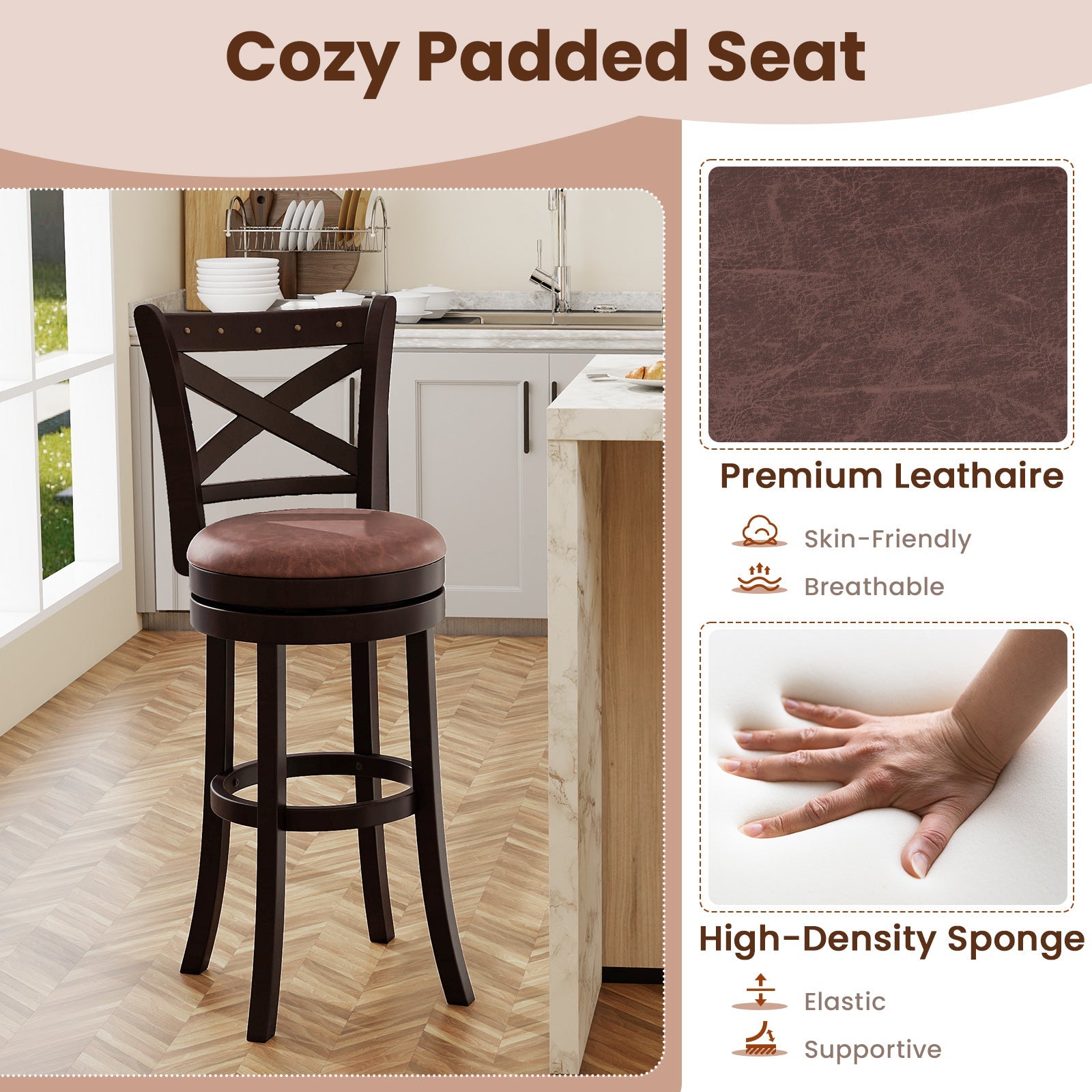 26/30 Inch Swivel Bar Stools Set of 2 Bar Chairs with Padded Seat