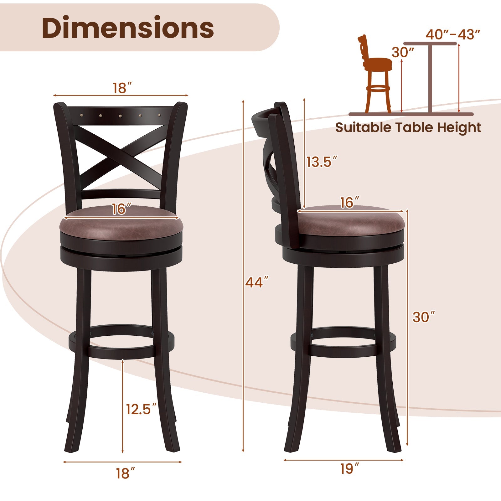 26/30 Inch Swivel Bar Stools Set of 2 Bar Chairs with Padded Seat