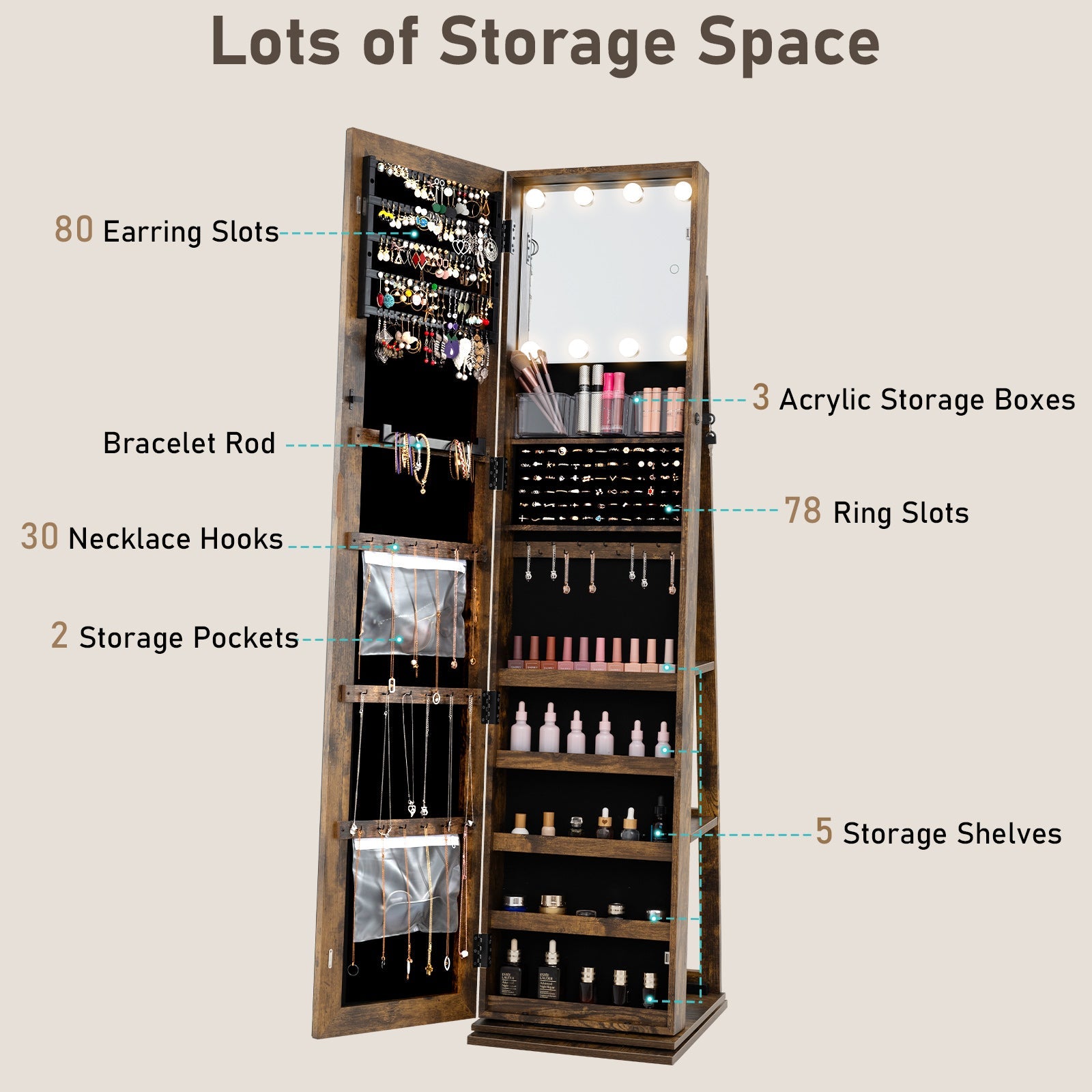 360¬∞ Swivel Jewelry Cabinet with Full Length Mirror