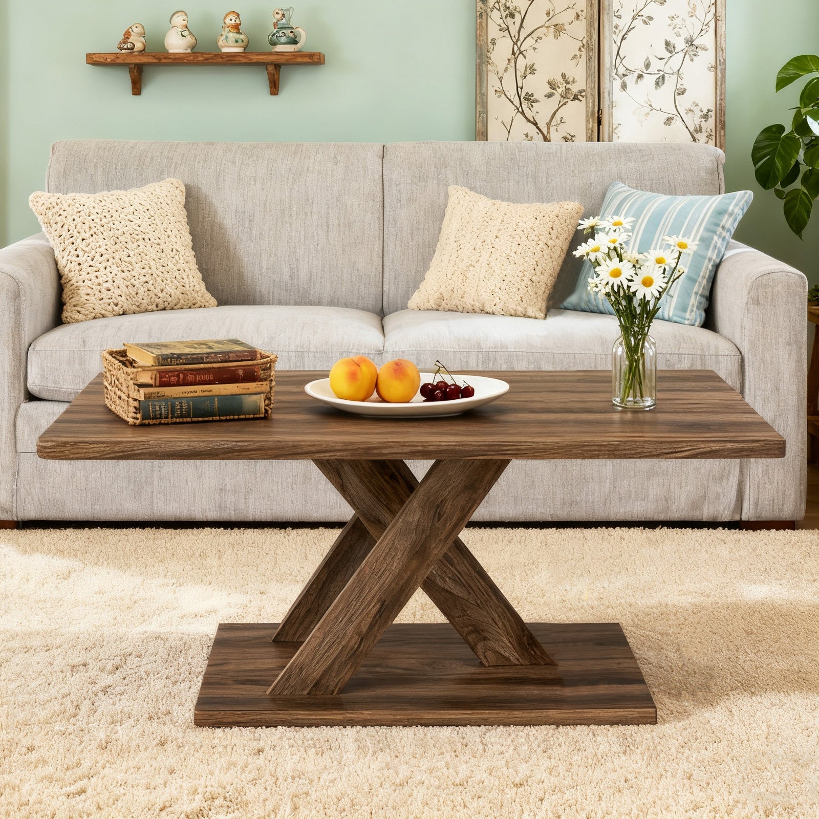 37.5 Inch Rectangular Coffee Table with Stable Base and Rubber Wood Connection for Living Room-Brown
