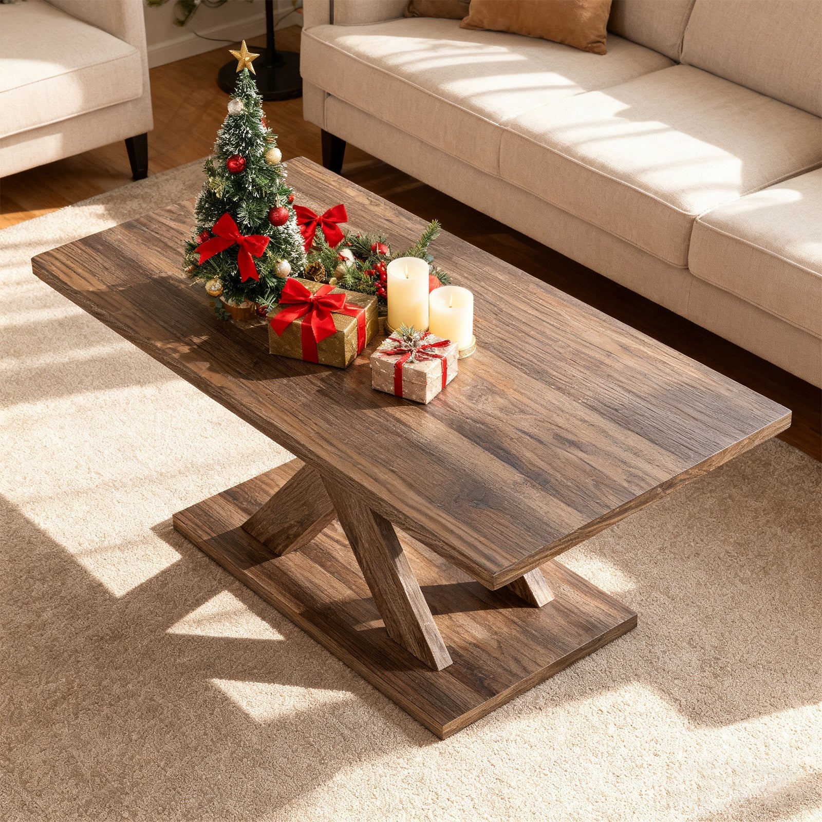 37.5 Inch Rectangular Coffee Table with Stable Base and Rubber Wood Connection for Living Room-Brown