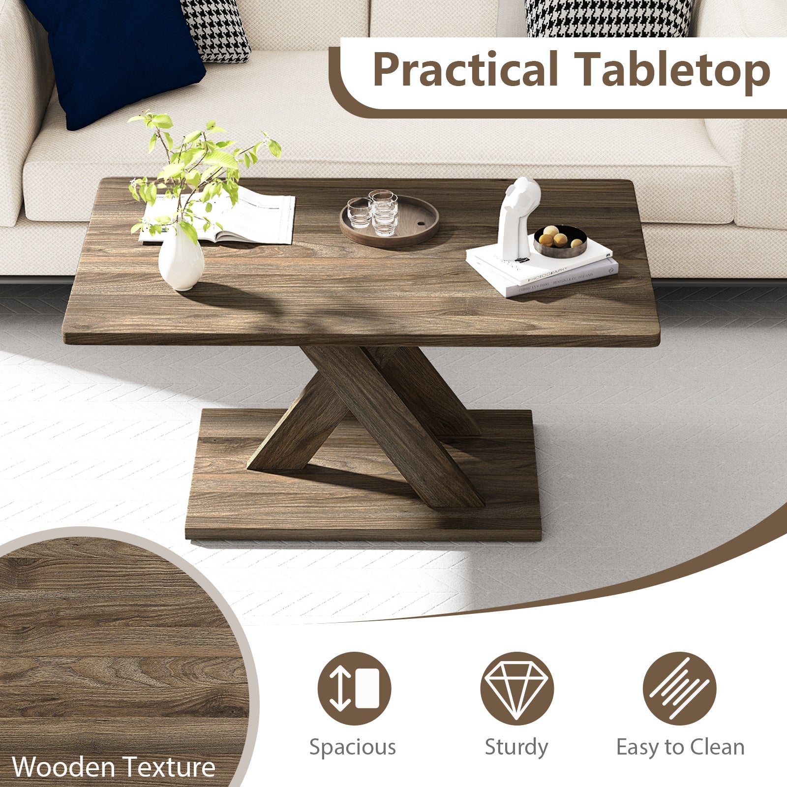37.5 Inch Rectangular Coffee Table with Stable Base and Rubber Wood Connection for Living Room-Brown