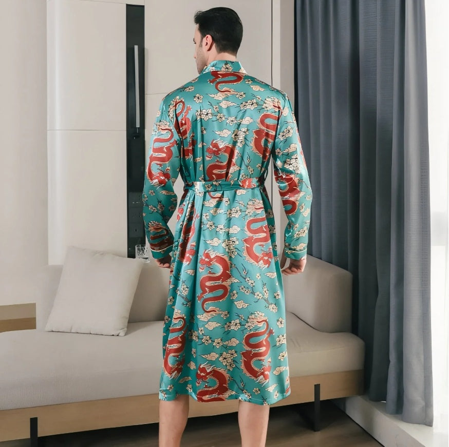 Summer Ice-silk Long-style Wearable Ice-silk Youth Long-sleeve Loungewear Mens Nightgown Thin Style