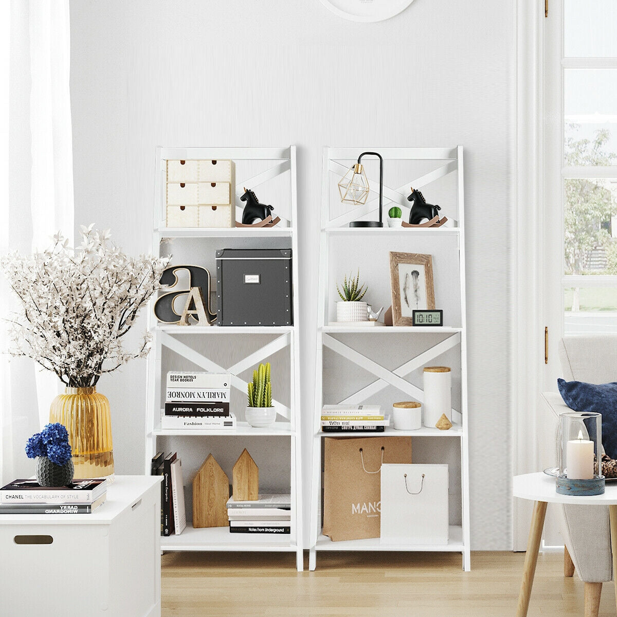 2 Pieces 4-Tier Wood Display Storage Bookshelf Set