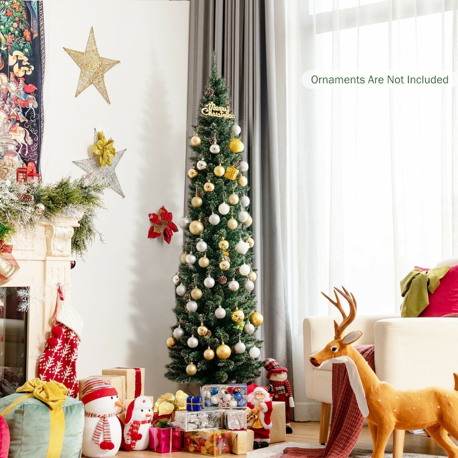 Snowy Artificial Pencil Christmas Tree with Pine Cones