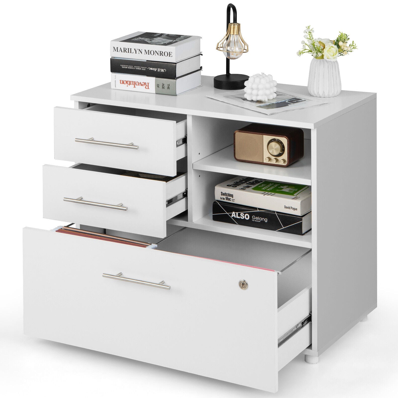 3 Drawer Lateral File Cabinet on Wheels with Storage Shelves