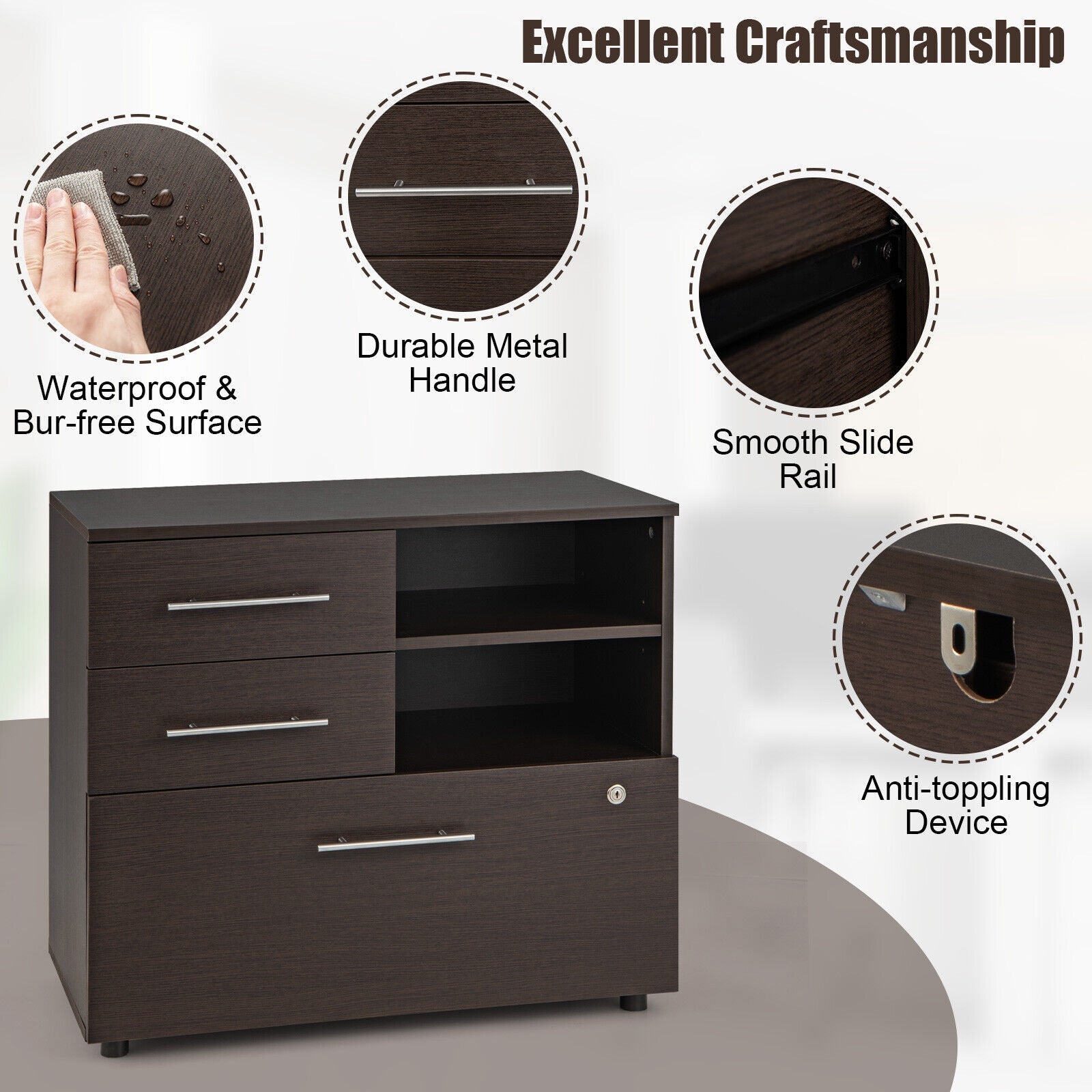 3 Drawer Lateral File Cabinet on Wheels with Storage Shelves
