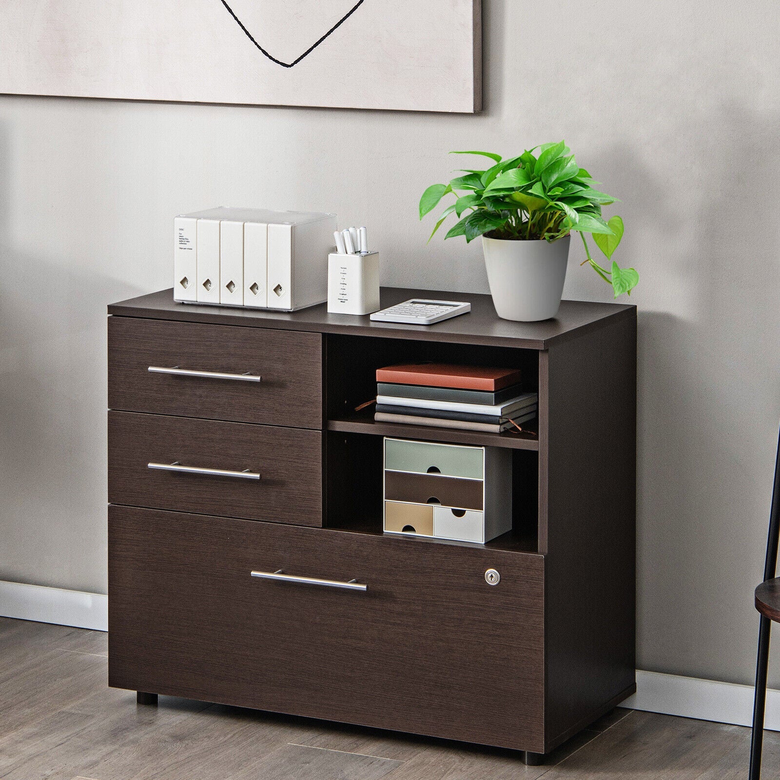 3 Drawer Lateral File Cabinet on Wheels with Storage Shelves