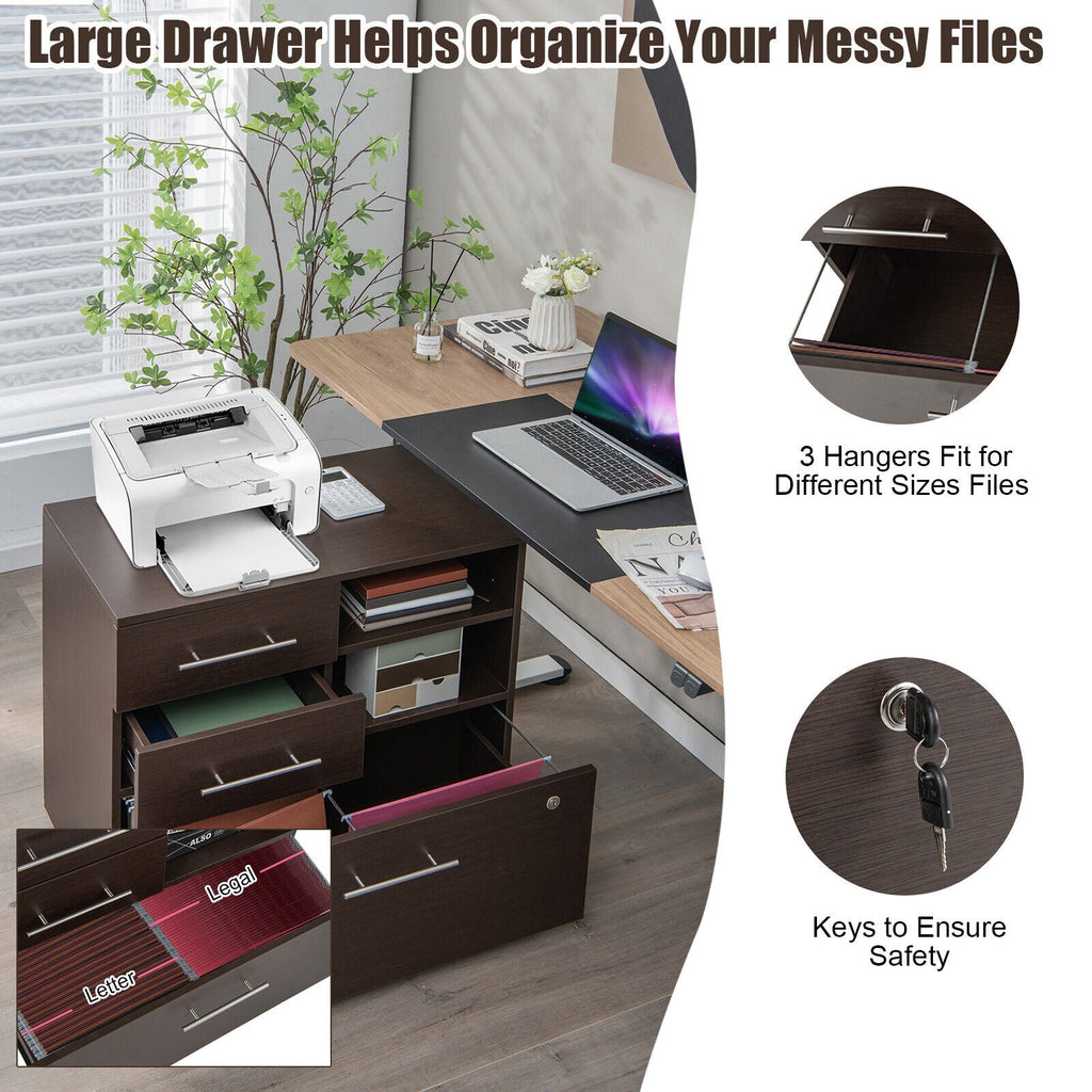 3 Drawer Lateral File Cabinet on Wheels with Storage Shelves