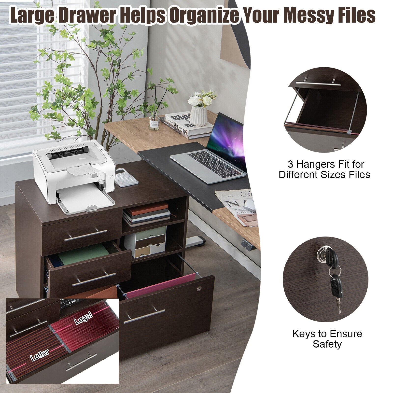 3 Drawer Lateral File Cabinet on Wheels with Storage Shelves