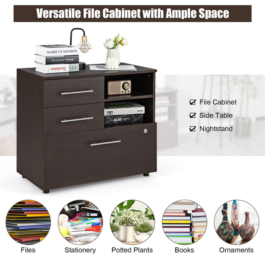 3 Drawer Lateral File Cabinet on Wheels with Storage Shelves