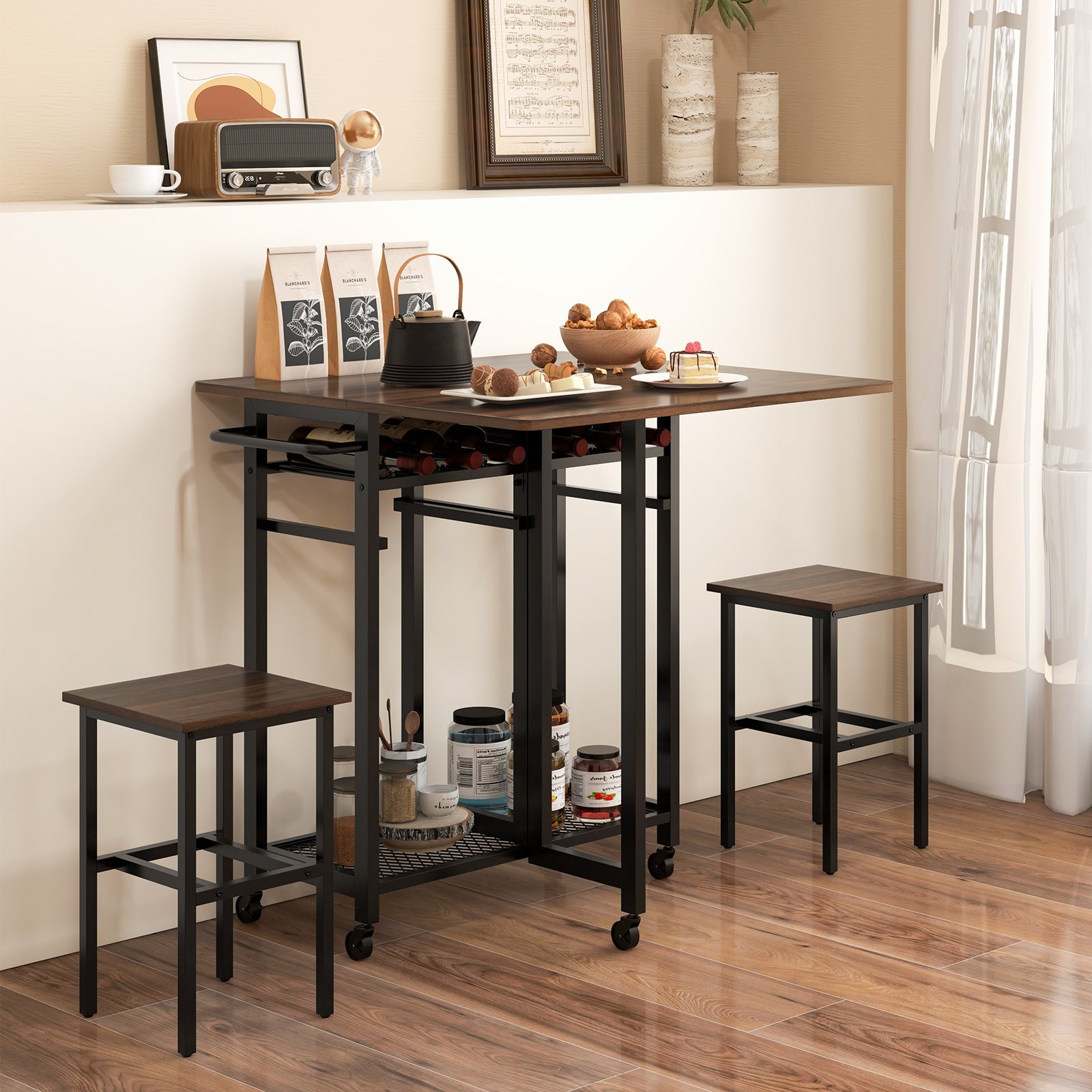 3 Piece Dining Table Set with 6-Bottle Wine Rack