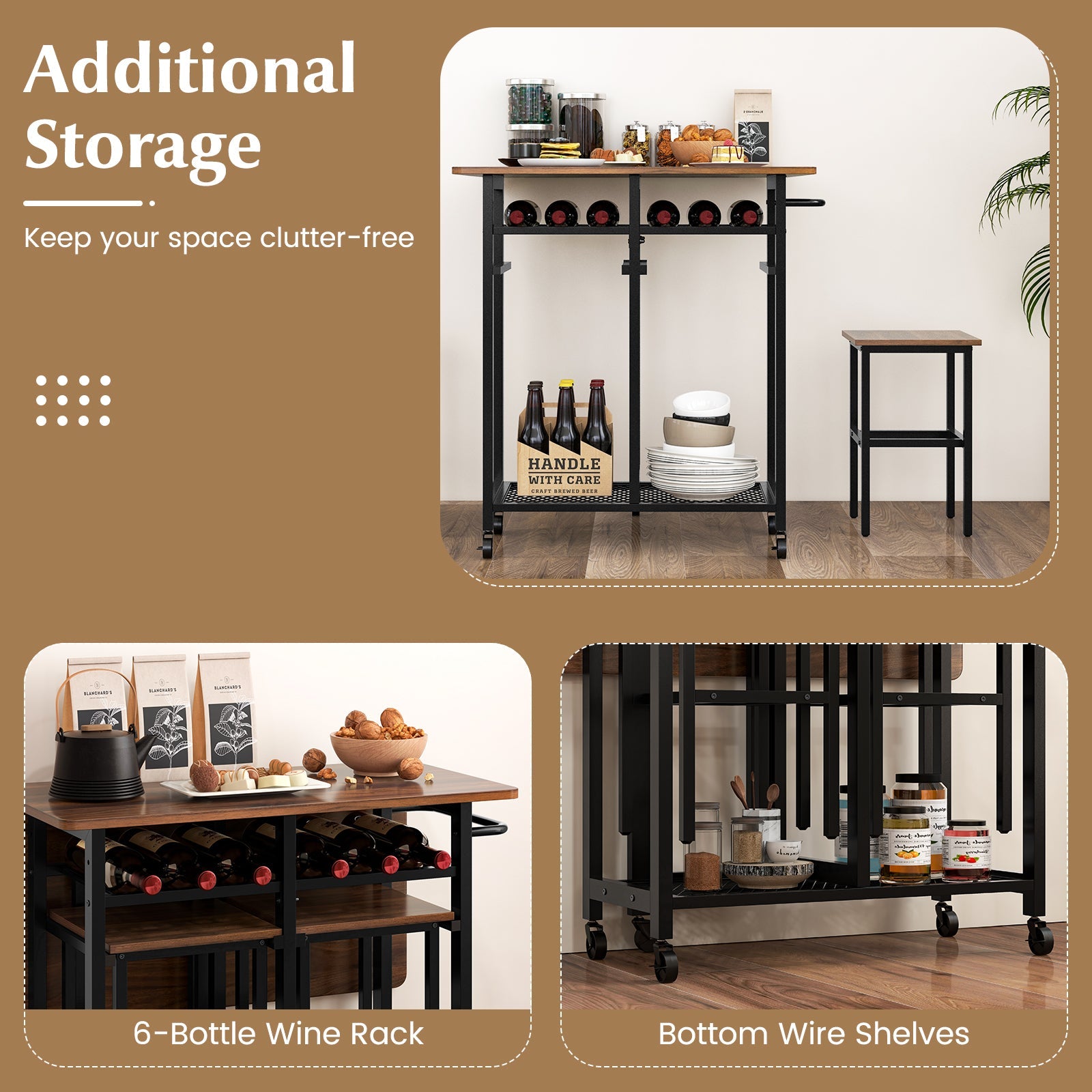 3 Piece Dining Table Set with 6-Bottle Wine Rack