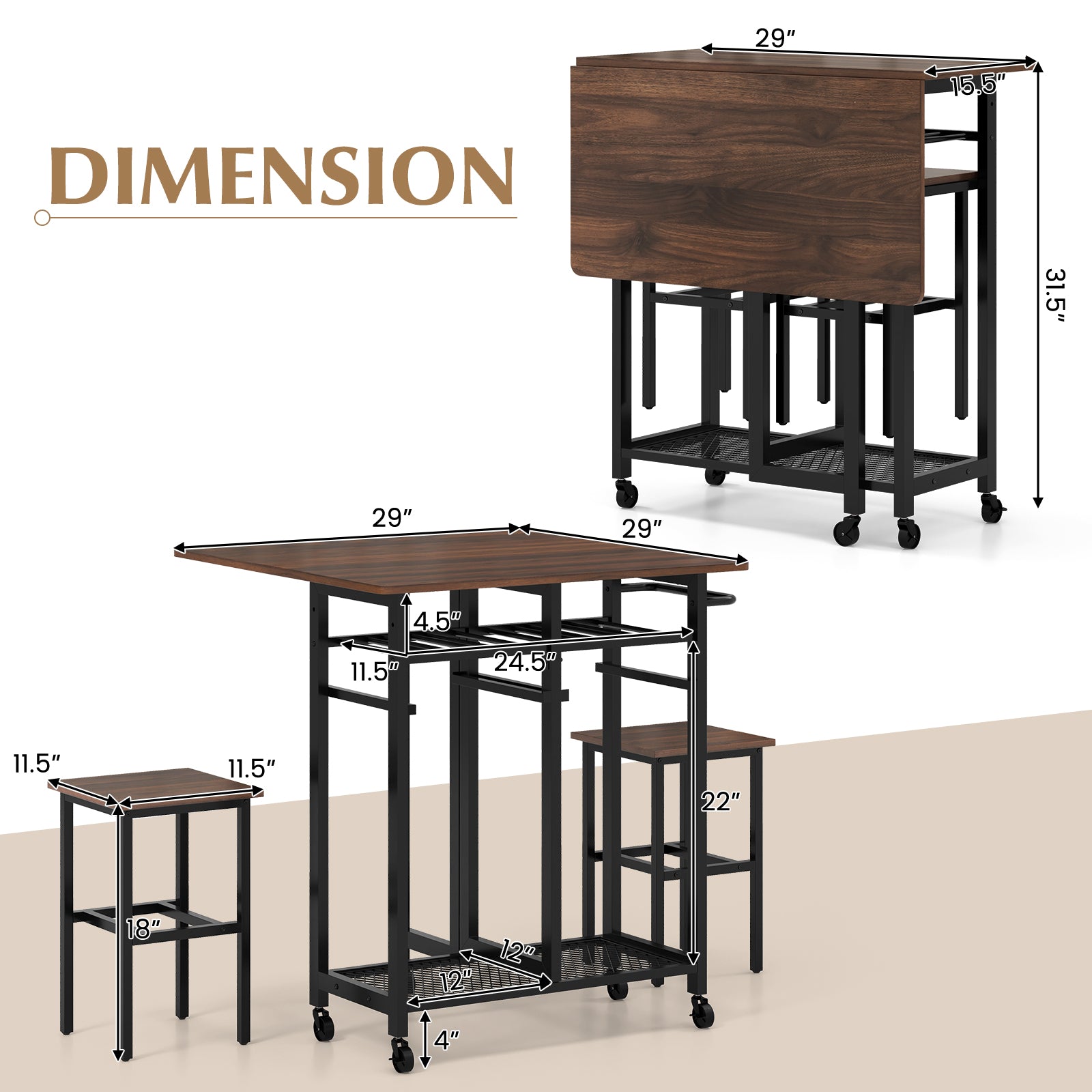 3 Piece Dining Table Set with 6-Bottle Wine Rack