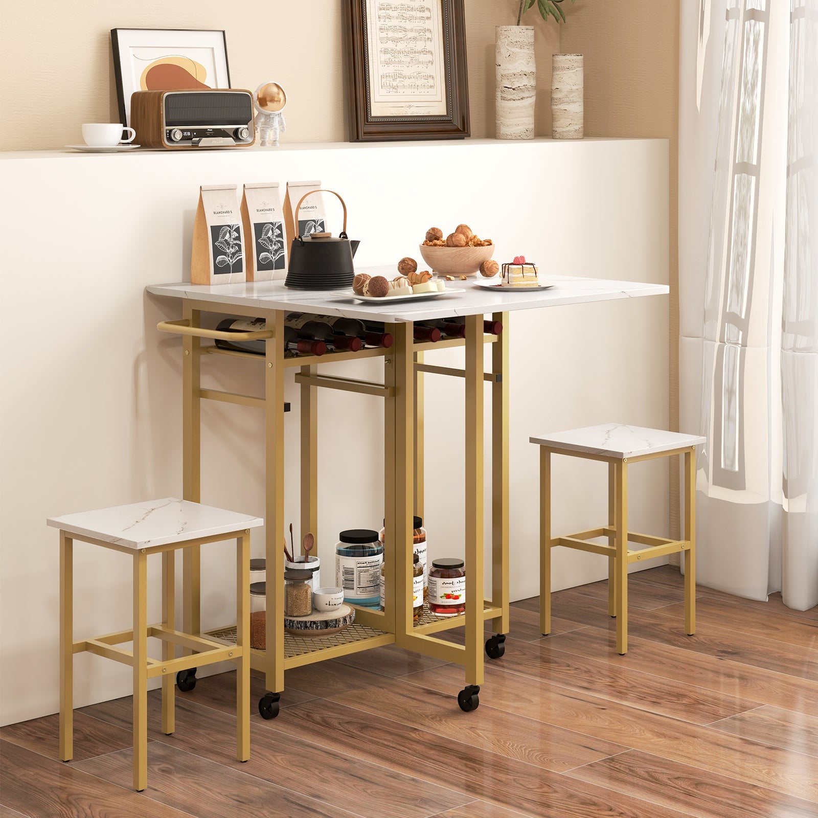 3 Piece Dining Table Set with 6-Bottle Wine Rack