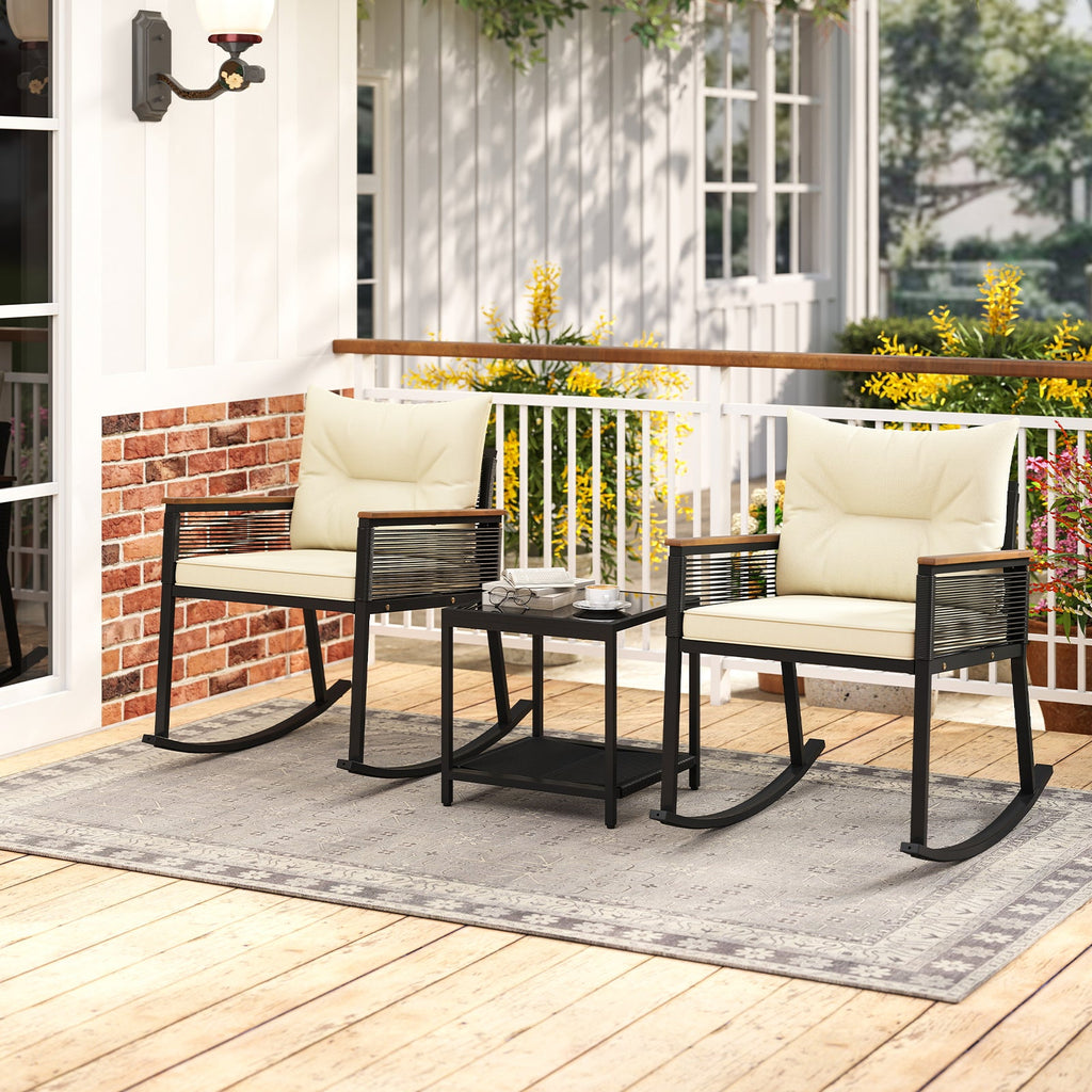 3 Piece Outdoor PE Rattan Rocking Bistro Set with 2-Tier Coffee Table-Black