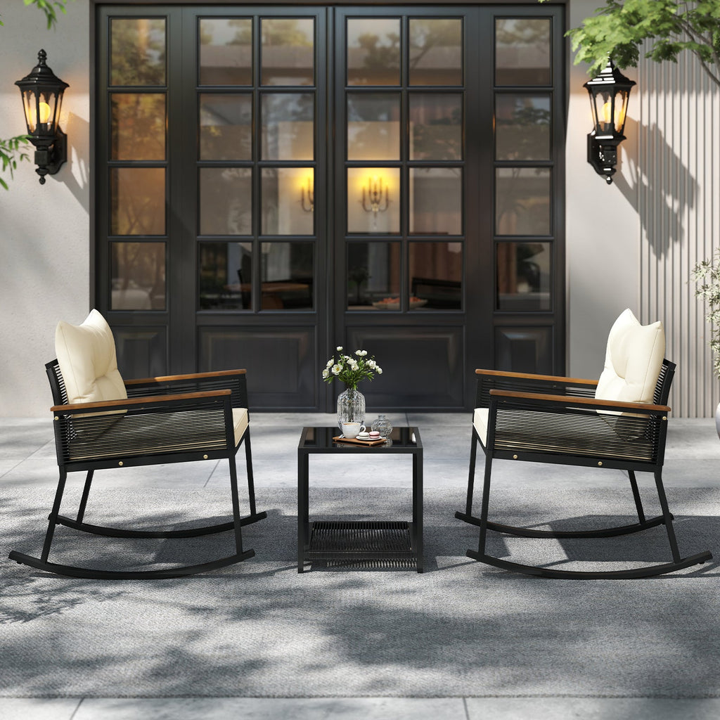 3 Piece Outdoor PE Rattan Rocking Bistro Set with 2-Tier Coffee Table-Black
