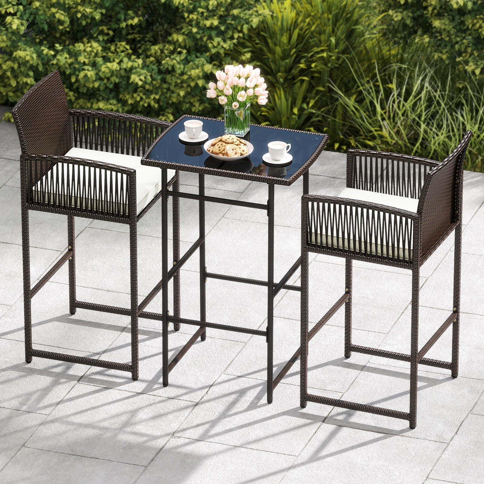 3 Piece Patio Bar Set Outdoor Wicker Bar Height Table and Armchairs with 2 Seat Cushions-White