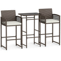 3 Piece Patio Bar Set Outdoor Wicker Bar Height Table and Armchairs with 2 Seat Cushions-White