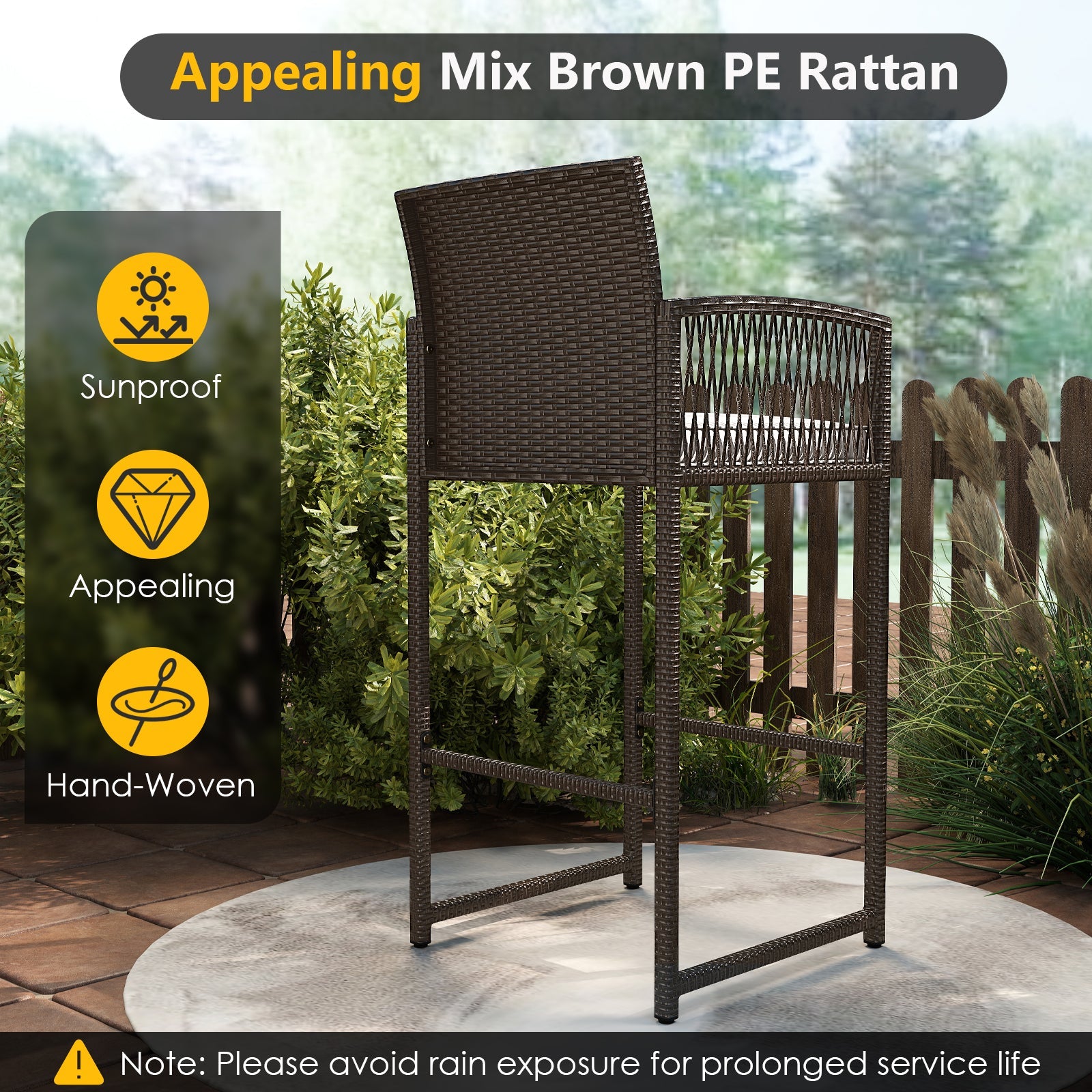3 Piece Patio Bar Set Outdoor Wicker Bar Height Table and Armchairs with 2 Seat Cushions-White