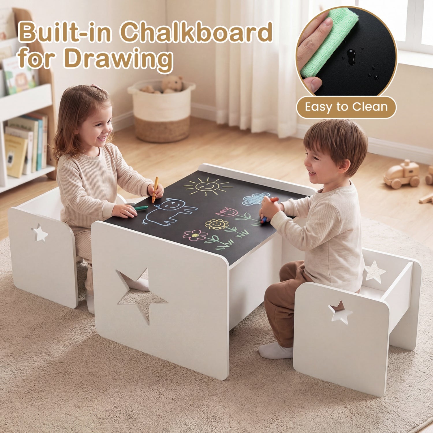 3 Pieces Kids Table and Chair Set Space-saving Toddler Table and 2 Chairs