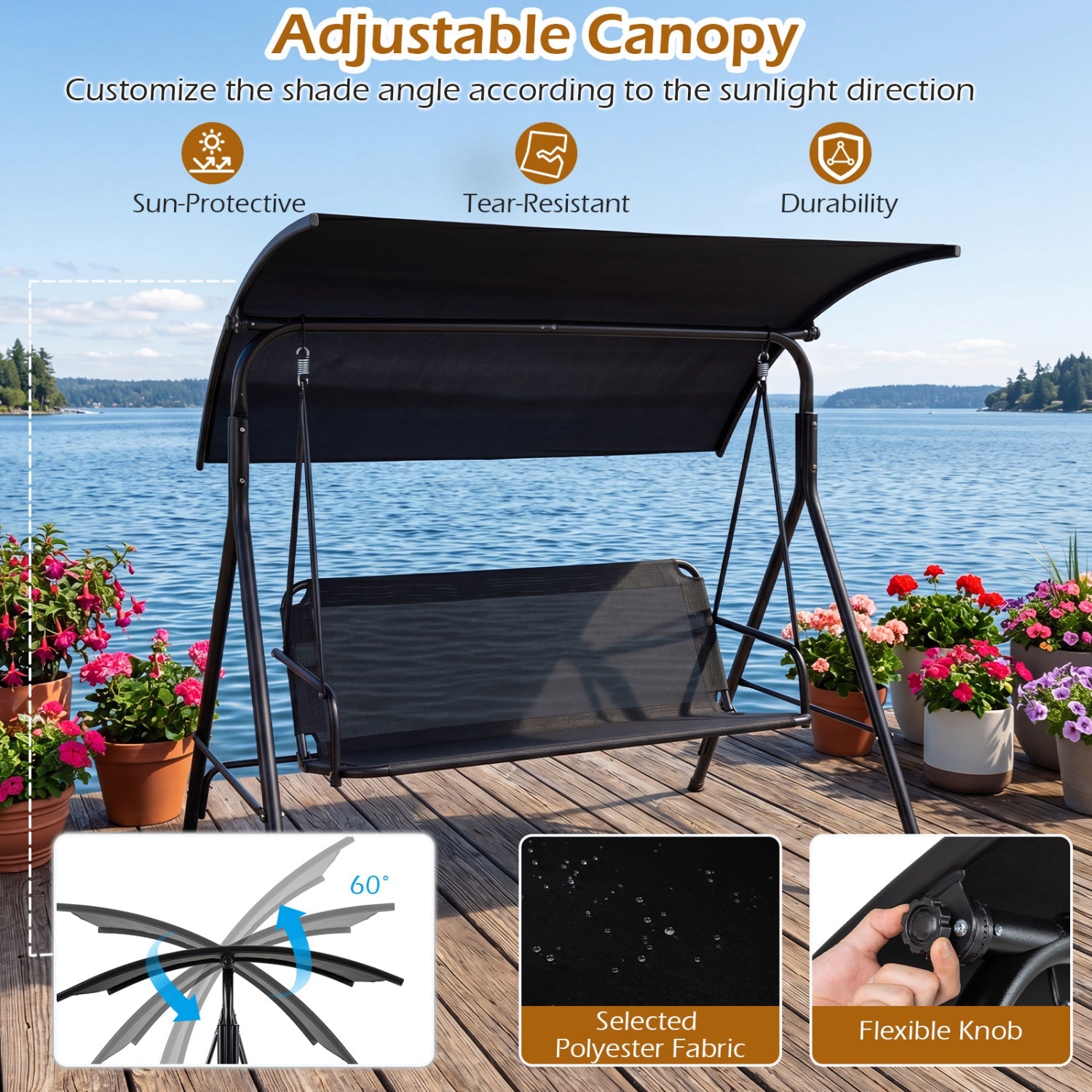 3-Seat Patio Swing Chair with Adjustable Canopy - 800 lbs