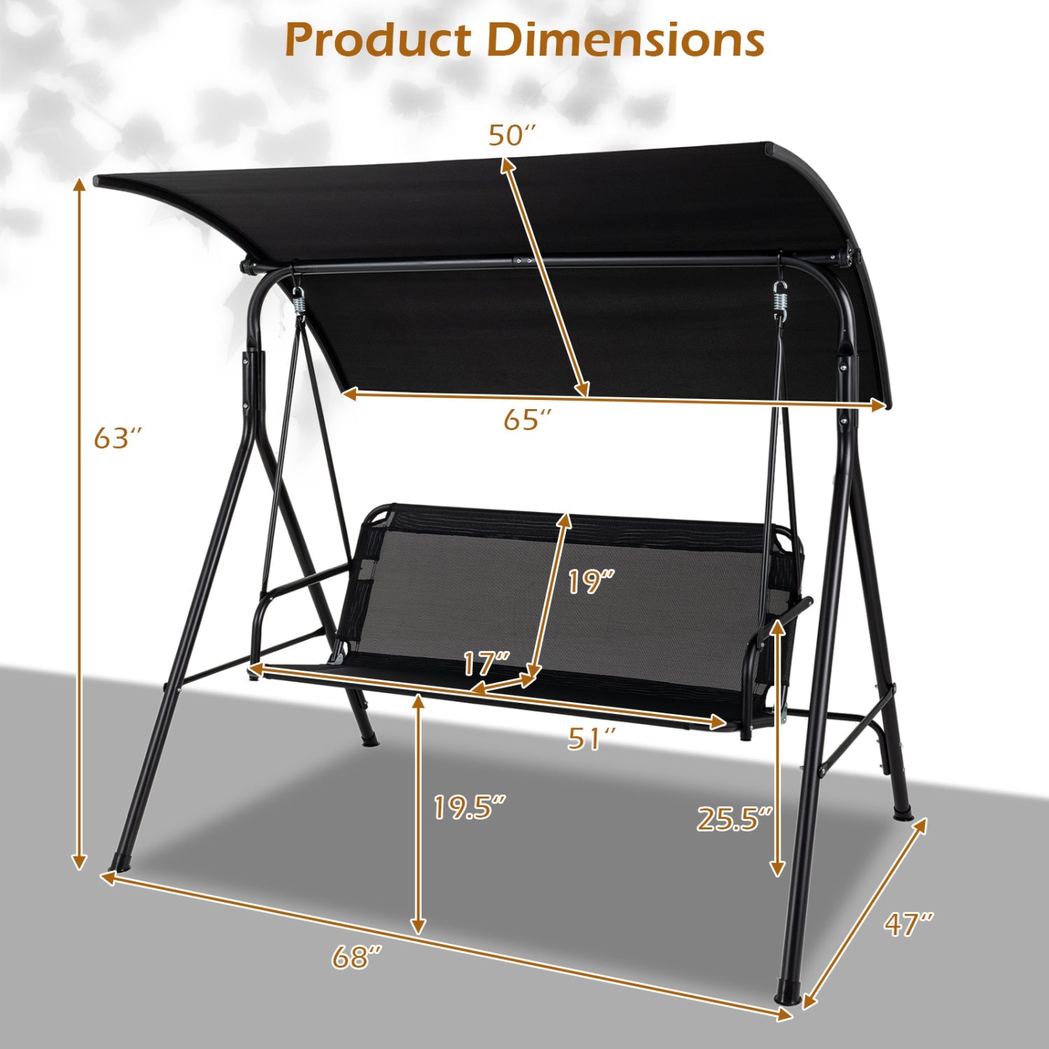 3-Seat Patio Swing Chair with Adjustable Canopy - 800 lbs