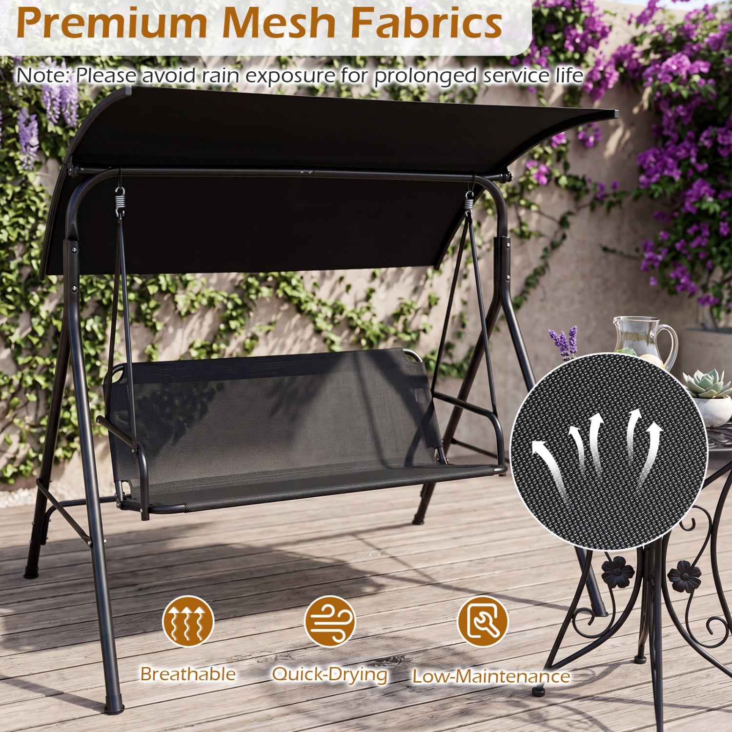 3-Seat Patio Swing Chair with Adjustable Canopy - 800 lbs