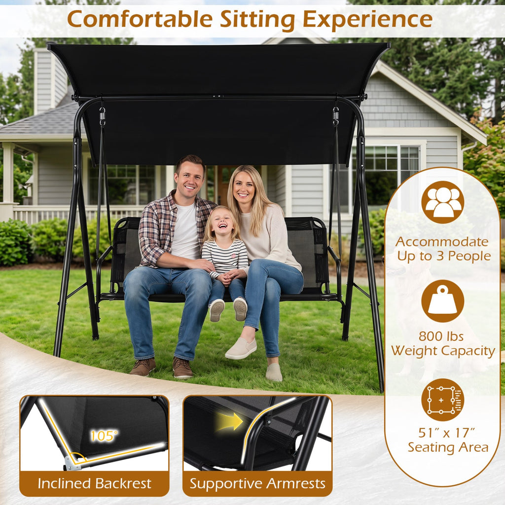 3-Seat Patio Swing Chair with Adjustable Canopy - 800 lbs