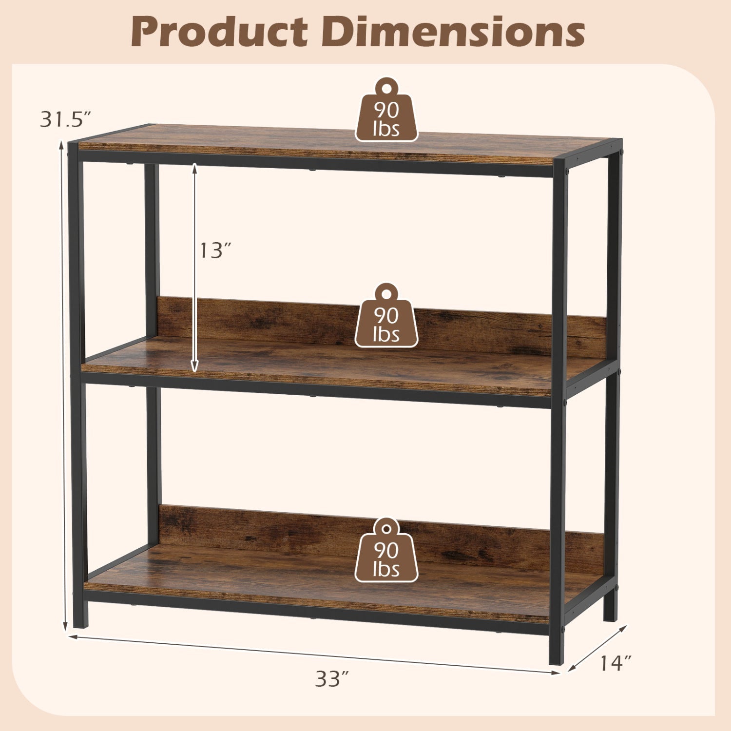 3-Tier Industrial Bookshelf with Wooden Shelves and Metal Frame