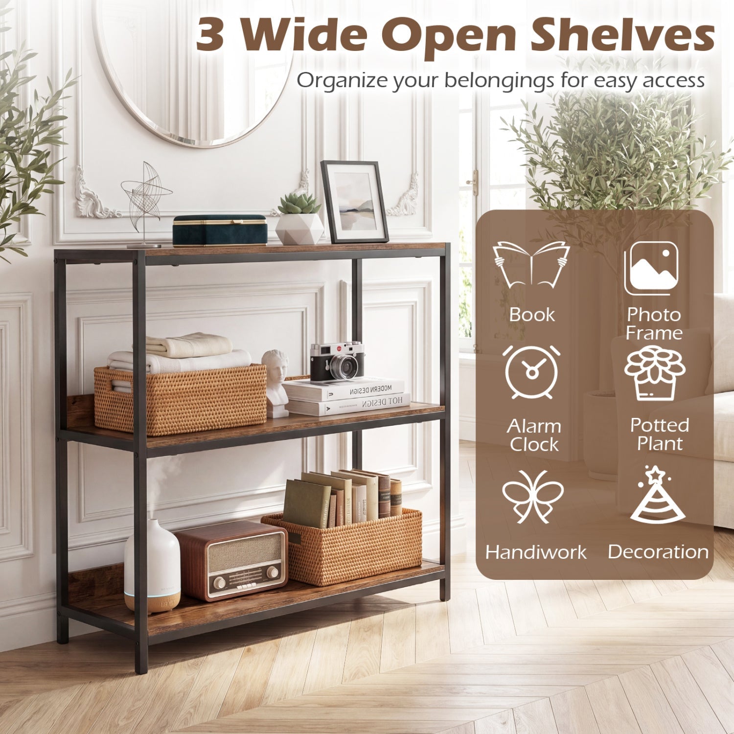 3-Tier Industrial Bookshelf with Wooden Shelves and Metal Frame