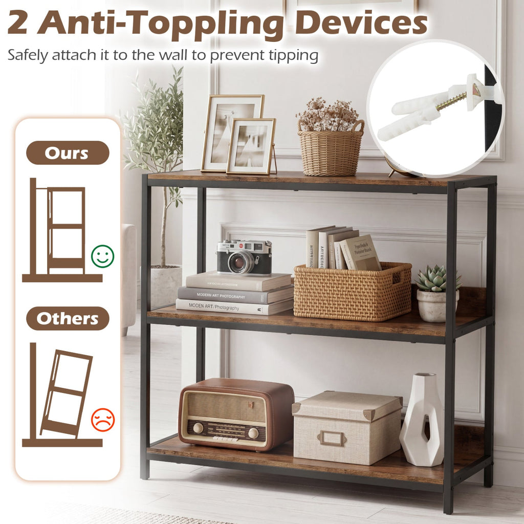 3-Tier Industrial Bookshelf with Wooden Shelves and Metal Frame