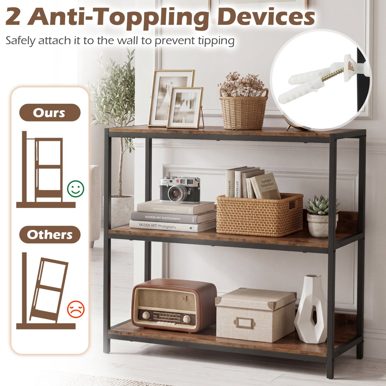 3-Tier Industrial Bookshelf with Wooden Shelves and Metal Frame