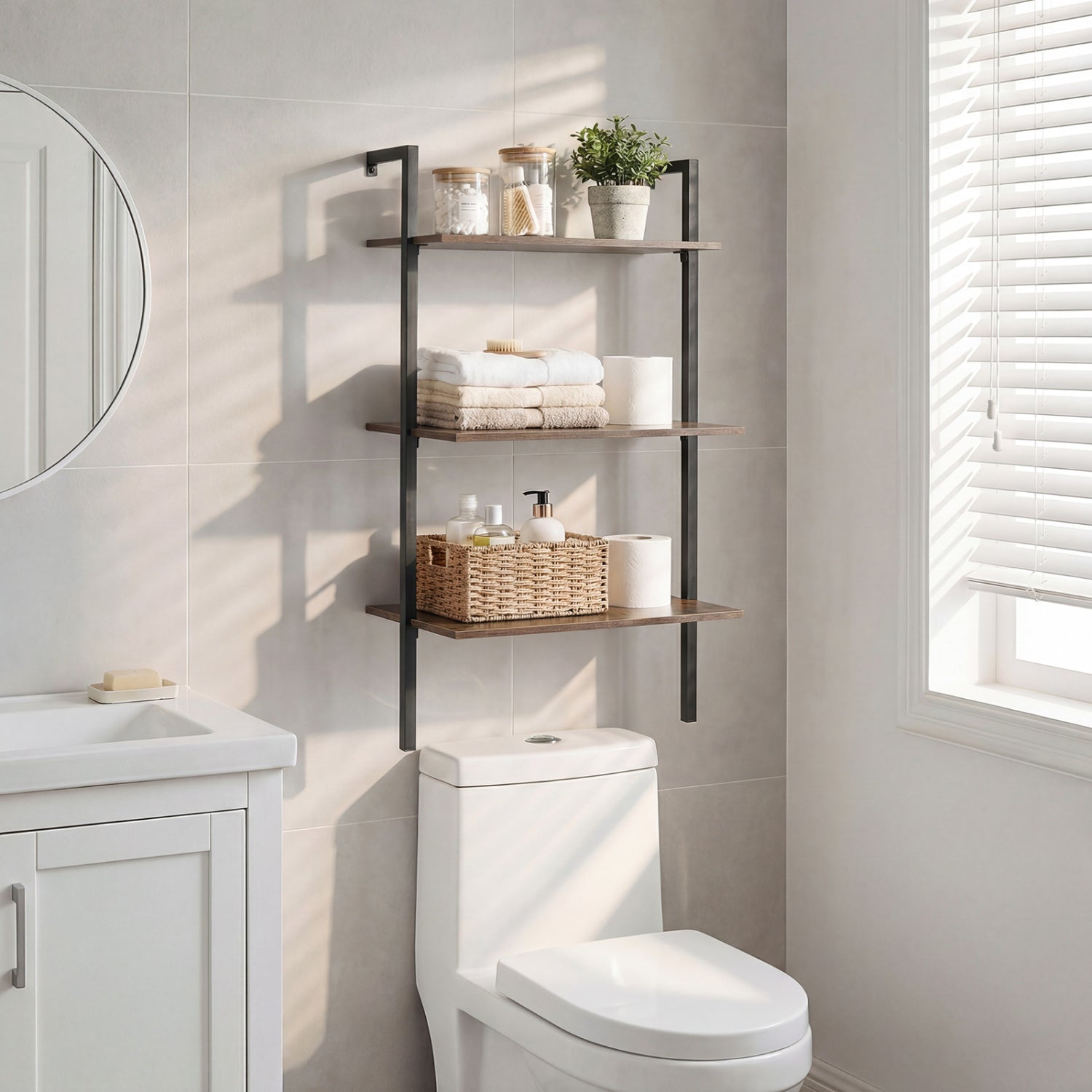 3-Tier Wall Mounted Ladder Bookshelf - Rustic Brown