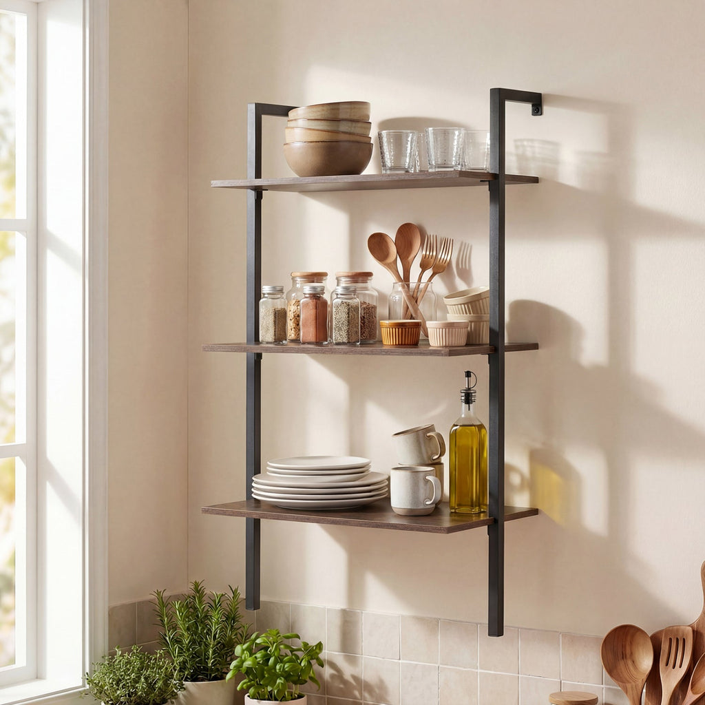 3-Tier Wall Mounted Ladder Bookshelf - Rustic Brown