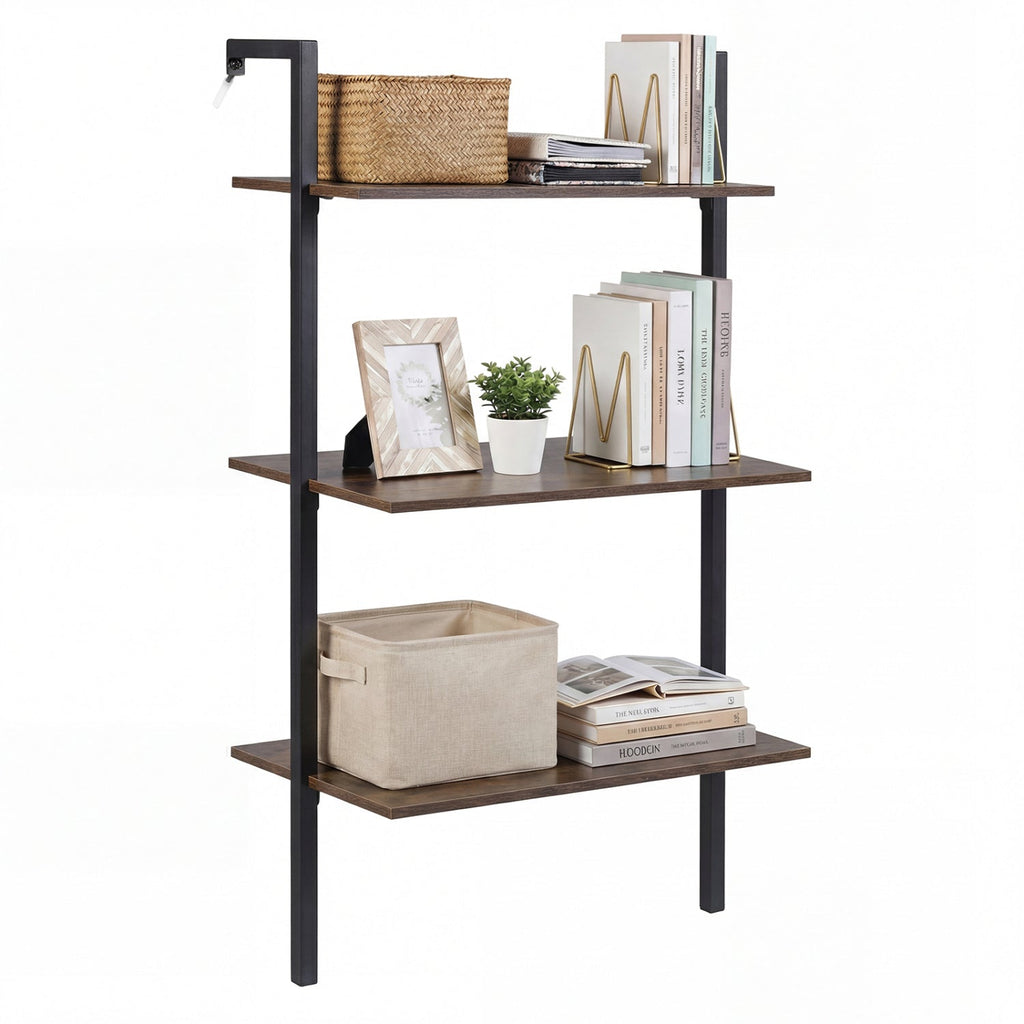 3-Tier Wall Mounted Ladder Bookshelf - Rustic Brown