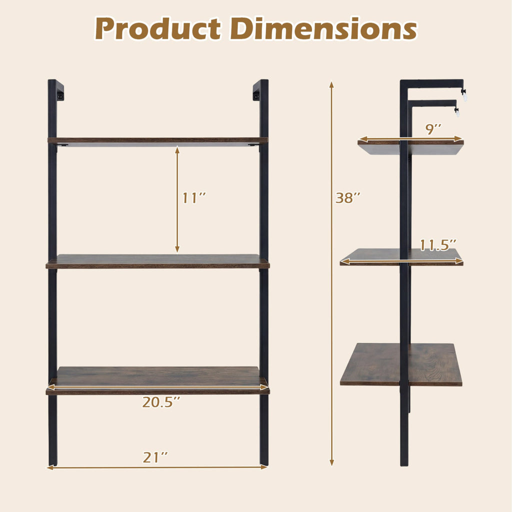 3-Tier Wall Mounted Ladder Bookshelf - Rustic Brown