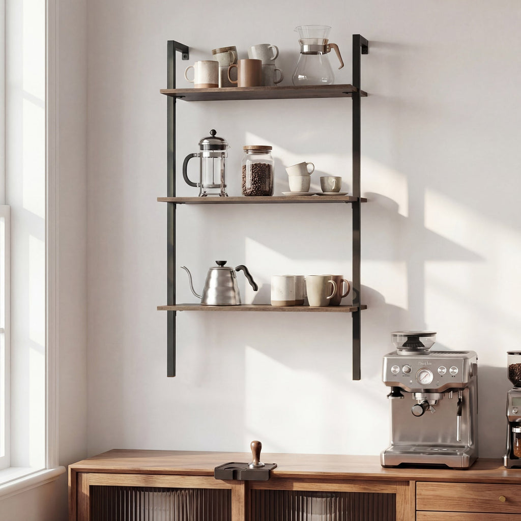 3-Tier Wall Mounted Ladder Bookshelf - Rustic Brown