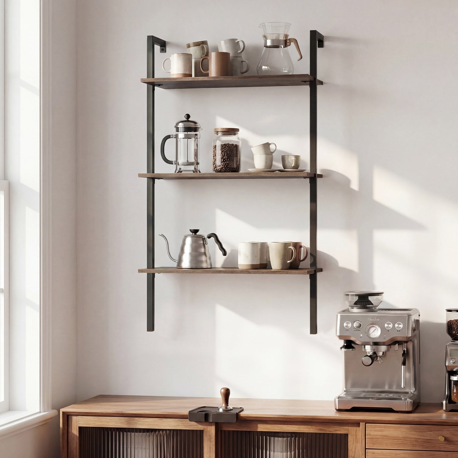 3-Tier Wall Mounted Ladder Bookshelf - Rustic Brown