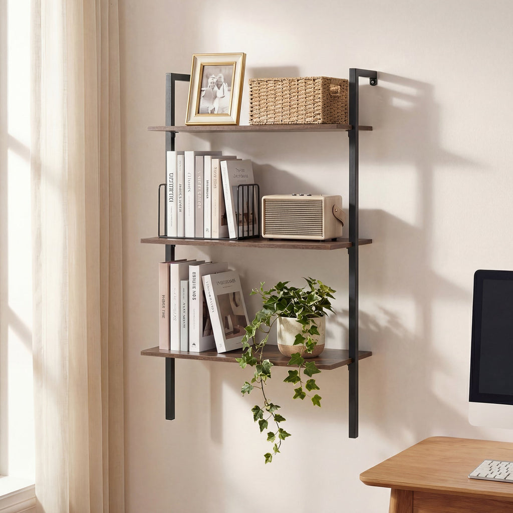 3-Tier Wall Mounted Ladder Bookshelf - Rustic Brown