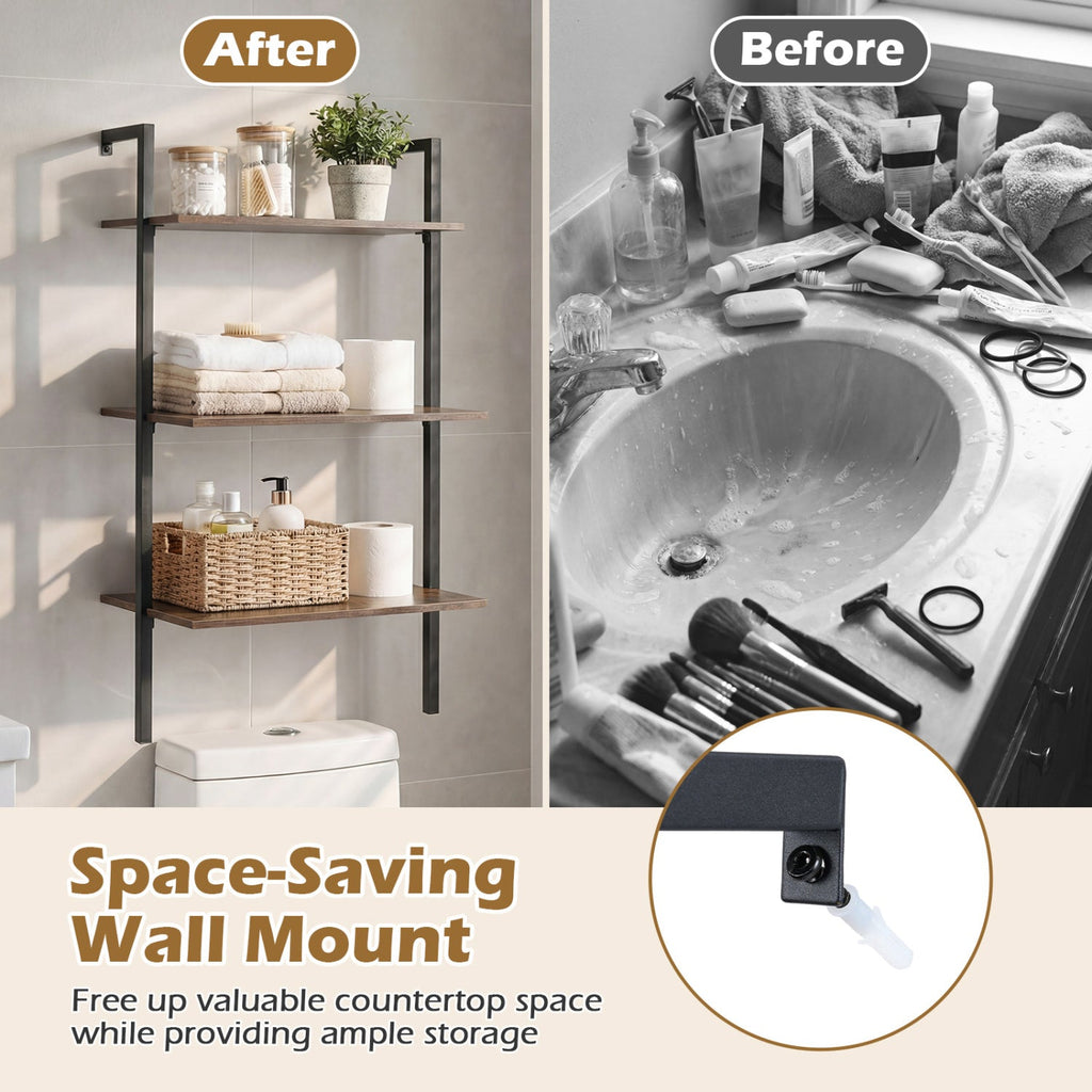 3-Tier Wall Mounted Ladder Bookshelf - Rustic Brown