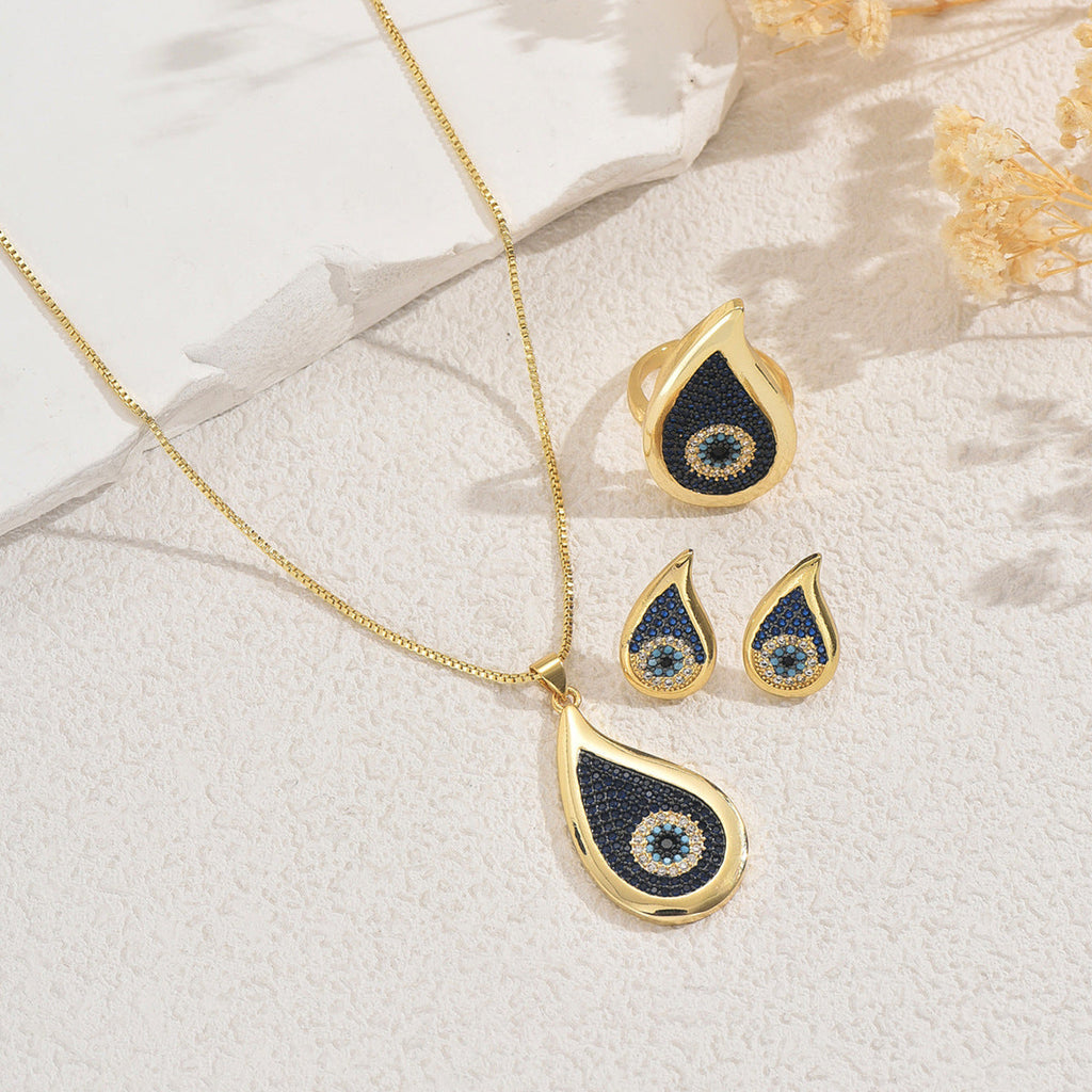 Best Selling Cross-border Women Jewelry Set, Unique Hip Hop Evil Eye Design Matching Earrings, Long Pendant Necklace & Ring, Premium Versatile Daily Ornaments For Ladies